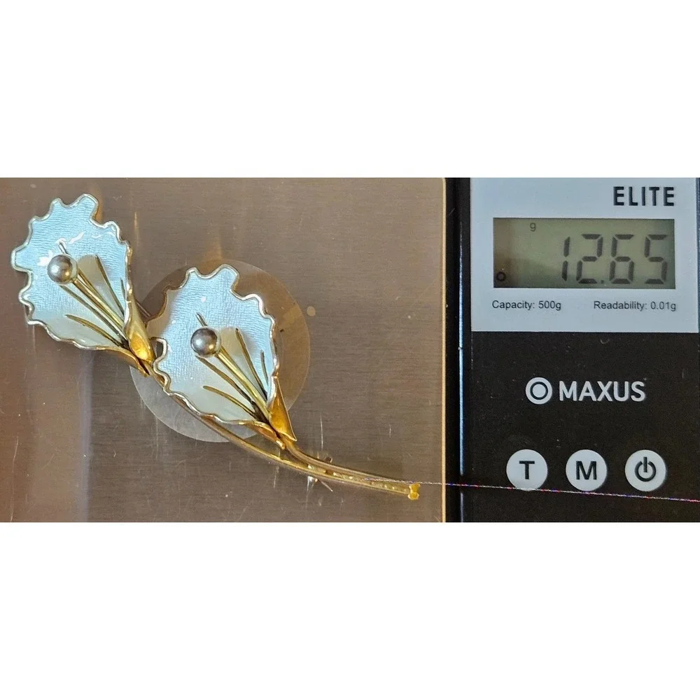 Aksel Holmsen Norway Sterling Mid-Century Vermeil Enamel Double Orchid Brooch